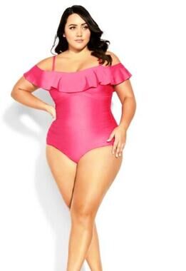 City Chic Size Medium/18 Ingrid Ruffle One Piece Fuchsia Pink Swimsuit Swimwear
